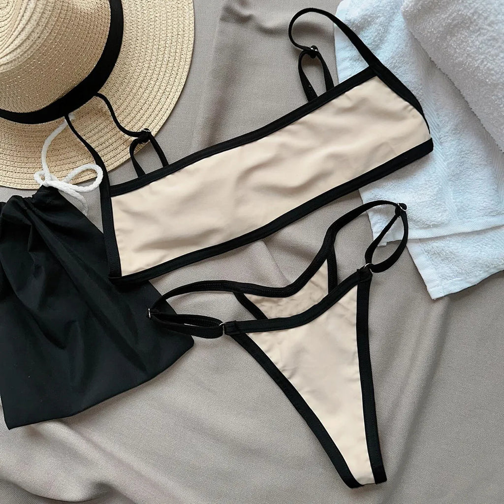 Sexy Beige Black Patchwork Bikini Set 2026 Women Halter Push Up Bra Thong Swimsuit Summer Bathing Suit Holiday Swimwear Biquini