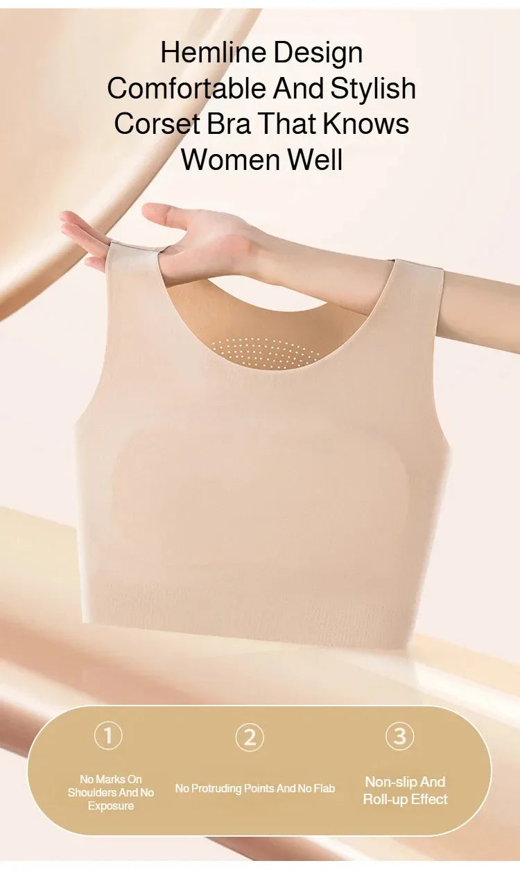 Women's Large Breasts Underwear Wide Shoulder Invisible Corset Antibump Thin Underwear Full Cup Vest Traceless Bra with Bra Pads