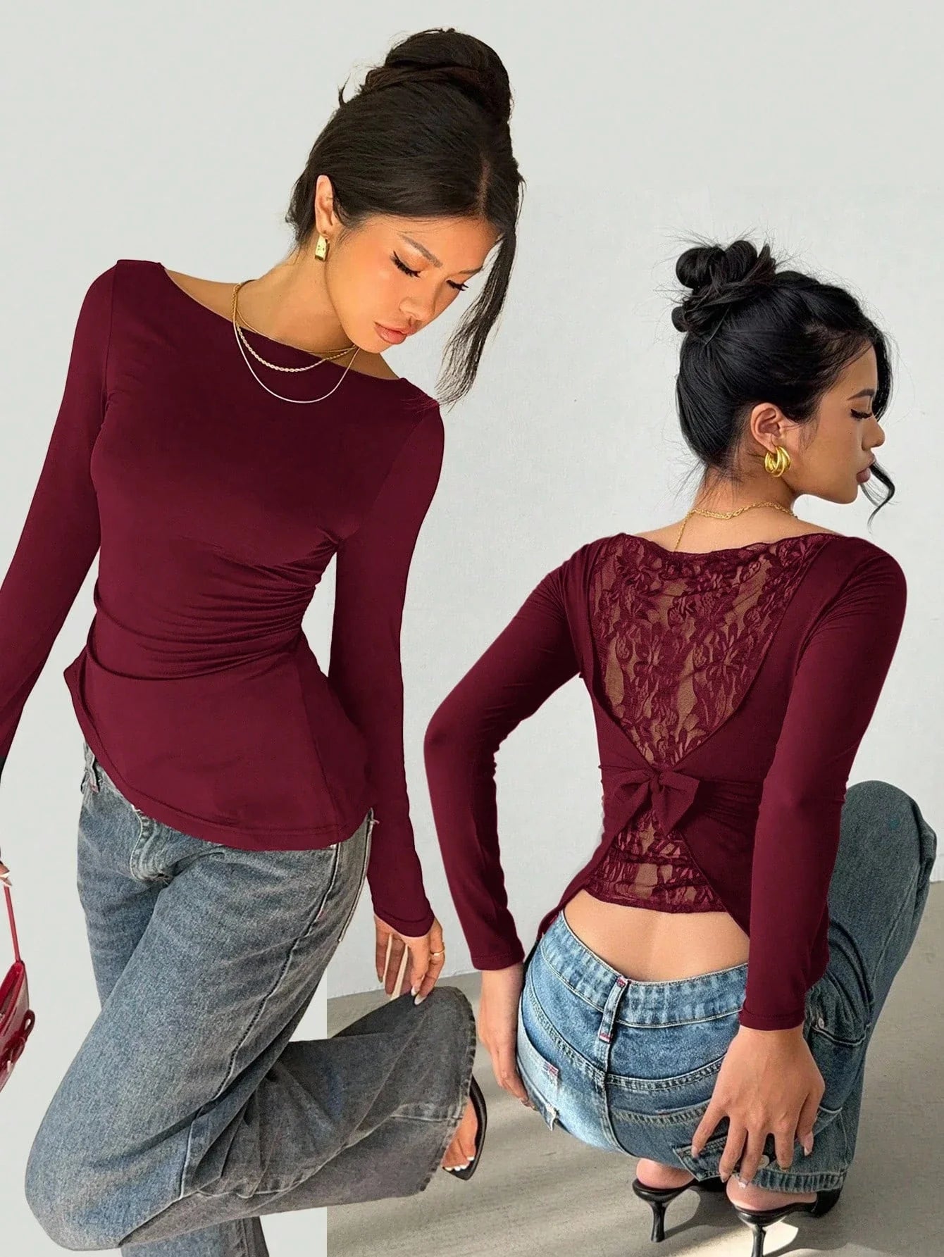 Women's Elegant Lace Patchwork Bow Decorate Long Sleeve T-Shirt Casual Asymmetry Hem Slim Fit Boat Collar Pleating Tops 2026