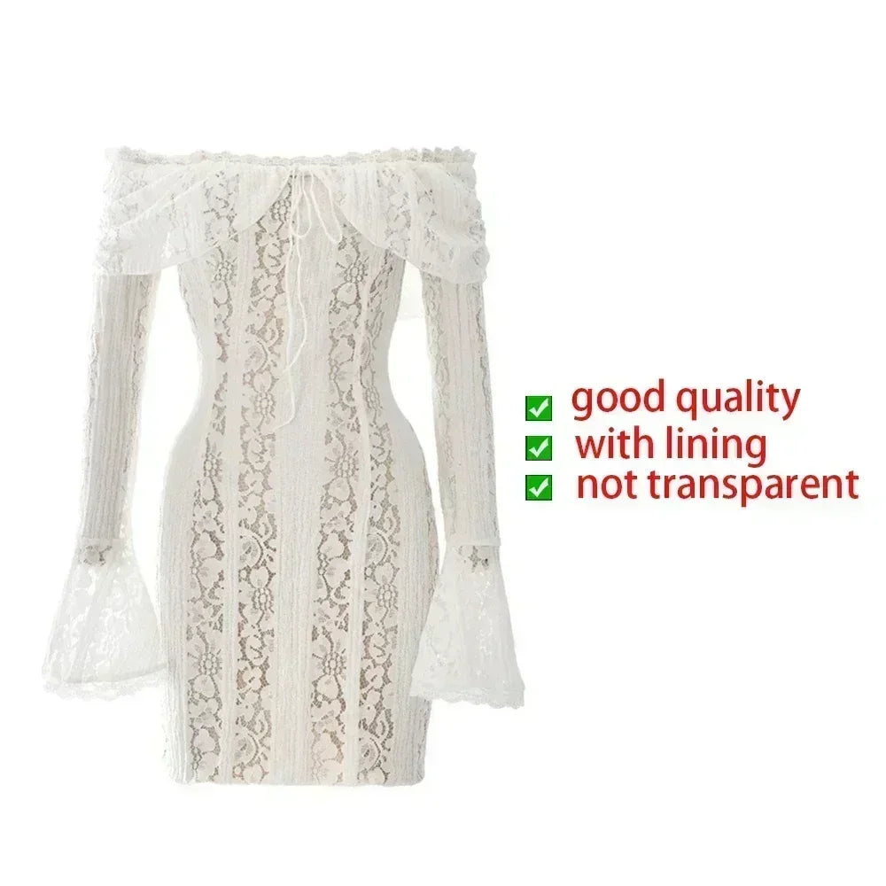 Oligai Lace Slim Mini Dress for Women Off The Shoulder Sexy Long Sleeves Club Party Dresses Bodycon Elegant Autumn Dress