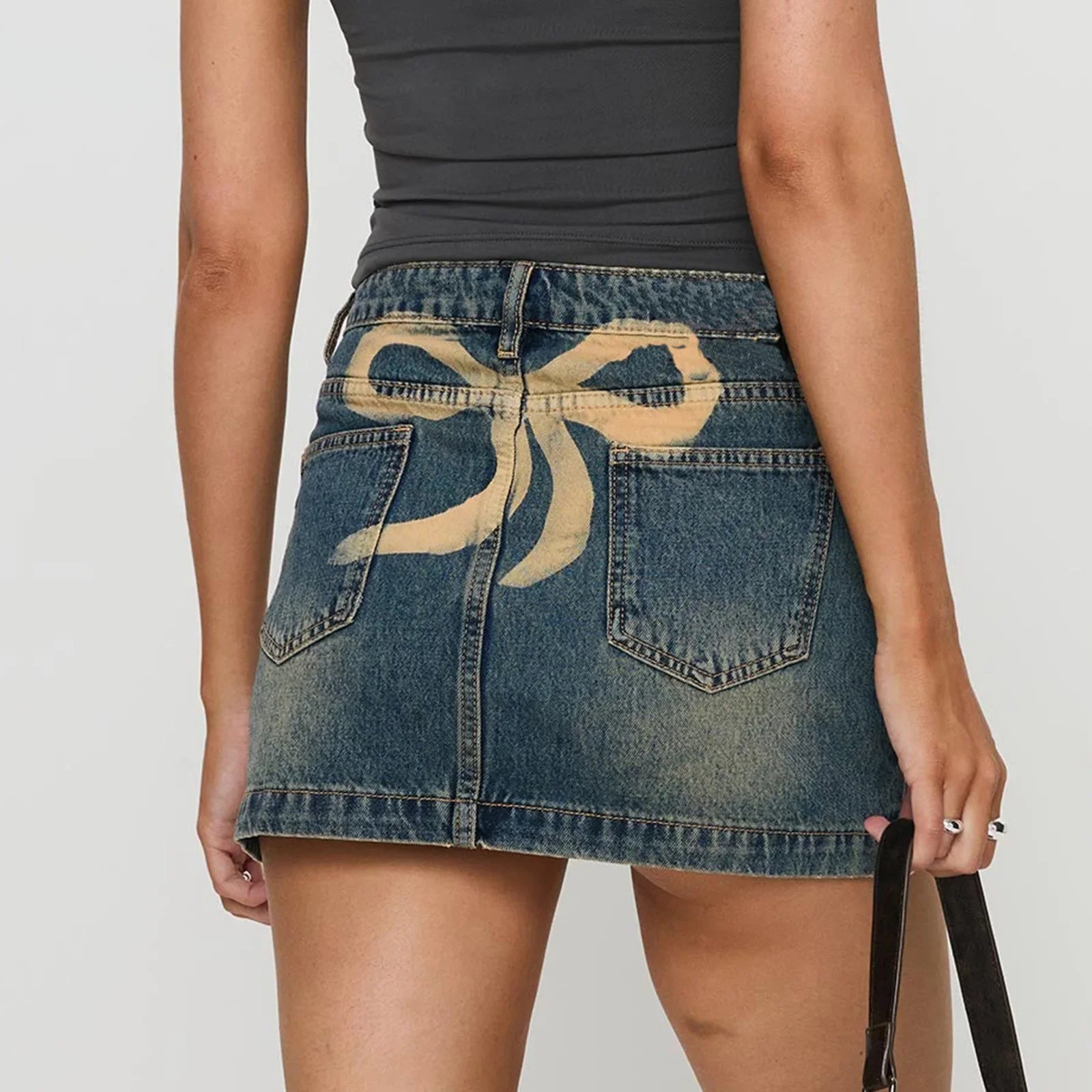 Women Y2K Denim Mini Skirts High Waist Straigth Short Skirt Bow Print Slim Fit Summer Bodycon Skirt Faldas Streetwear