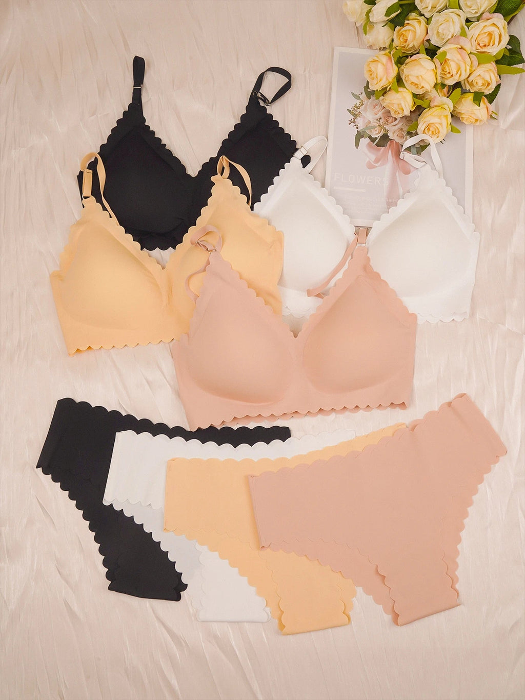 4pcs Women's Seamless Bra and Panty Set No Underwire Bralette - Removable Pads, Medium Support & Comfortable Stretch Fabric Bra
