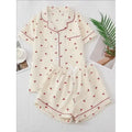 Cherry Print Textured Pajama Set Cute Short Sleeve Buttons Lapel Top & Elastic Shorts Women's Sleepwear