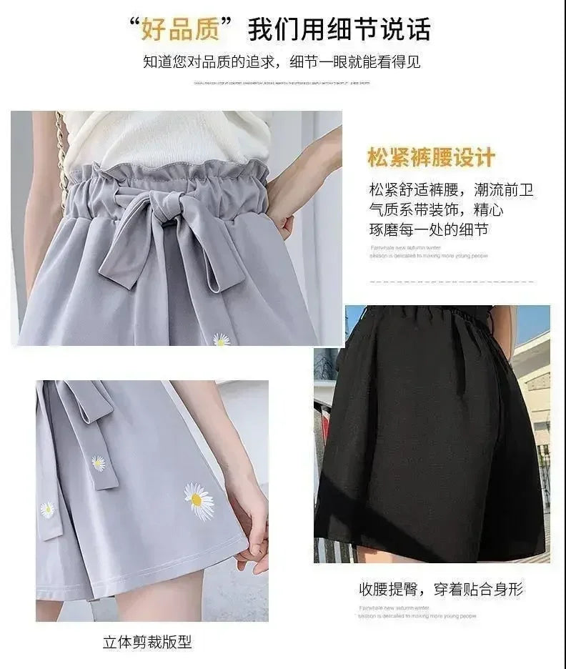 Summer Lightweight Black Casual Sports Pants Women Student Loose High-Waist Wide-Leg Shorts