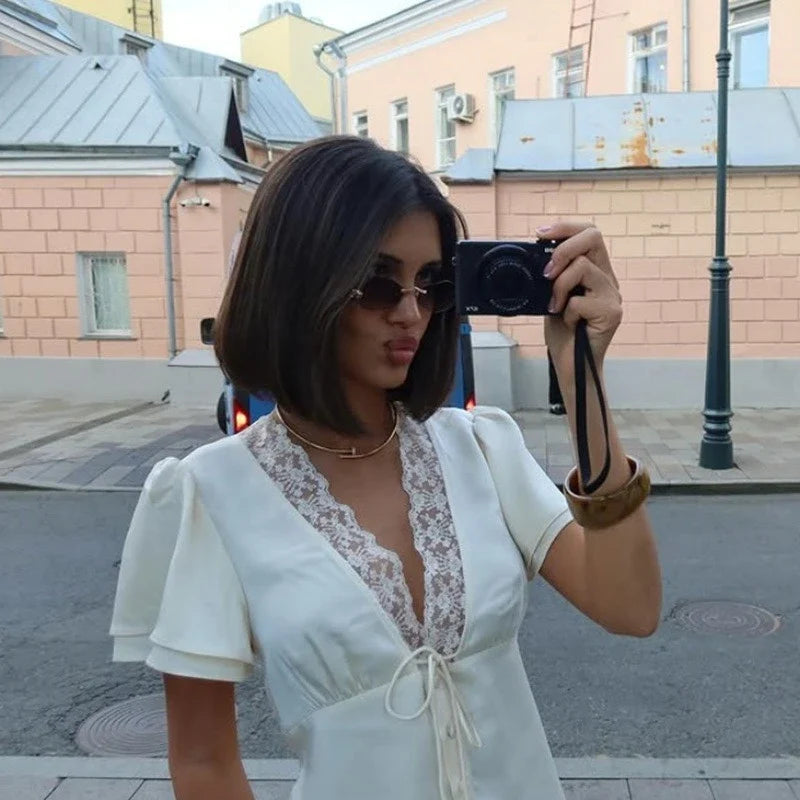 Lace Patchwork Solid Short Sleeve Tops for Women V Neck Lace Splicing Straps Skinny T-shirt Female Elegant Casual Slim Fit Tees