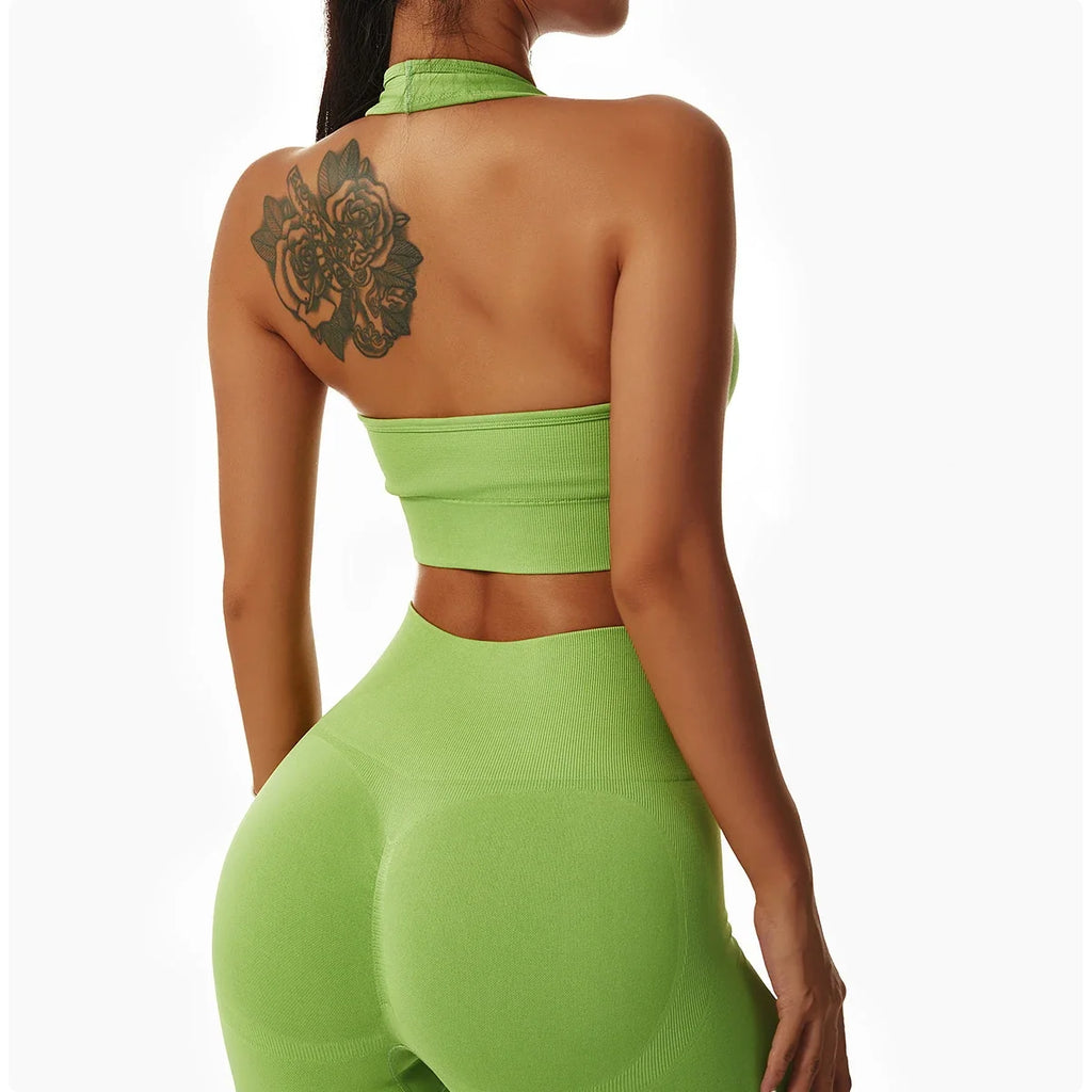Sexy Halter Yoga Bra Gym Workout Push Up Running Sports Underwear Gathering Sports Vest Beautiful Back Fitness Top