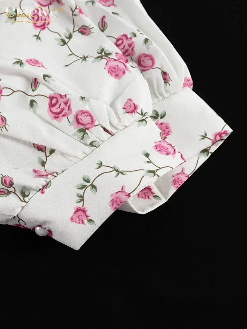 Clacive Summer Slim Print Women's Dress 2024 Sexy V-Neck Short Sleeve Mini Dresses Elegant High Waist Pleated Female Dress