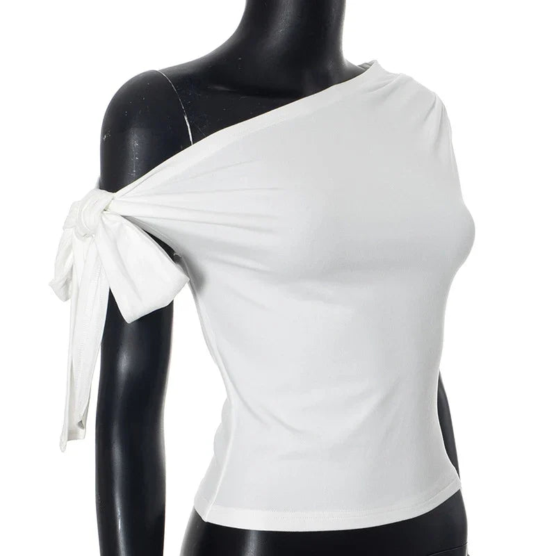 2025 Women'S Summer Ins Style New Shrink Pleated One-Shoulder Crop Top Backless Twist Tie Asymmetric T-Shirt Casual Top