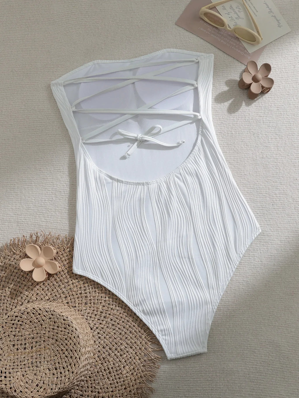 Sexy Bandeau Swimwear Women 2025 White Hollow Bandage Cross Drawstring One Piece Swimsuit Beach Bathing Suit Holiday Monokini