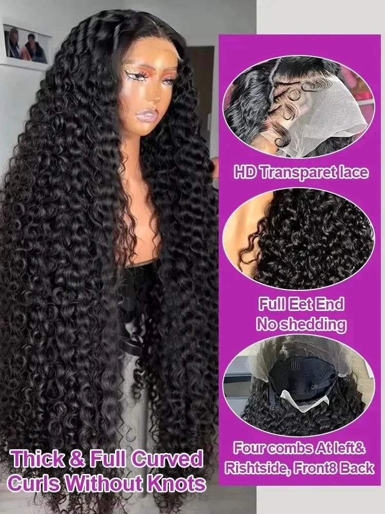 Deep Wave 44 Inch Curly 13x4 HD Transparent Lace Frontal Wigs Human Hair Front Wigs Pre Plucked With Natural Hairline For Women