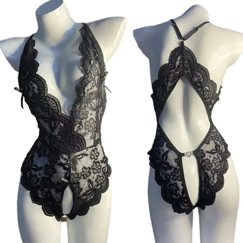Summer Solid Bikini Set Sexy Crotchless Lingerie Women Lace Hollow Erotic Swimwear Deep V Open Bra Bodysuit Plus Size Bikini Set
