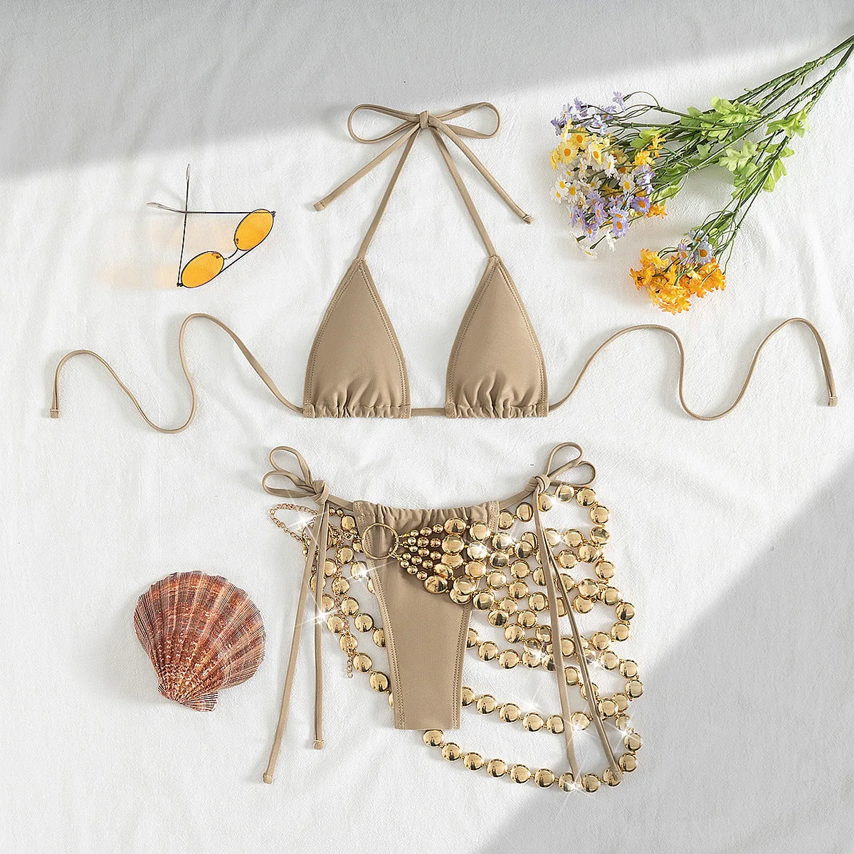 New Khaki Bikini Set 2025 Women Hollow Out Chain Skirt 3 Piece Swimsuit Beach Bathing Suit Push Up Holiday Swimwear Biquini