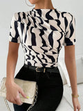 Women Short Sleeve Pleated T-shirt Summer Casual Slim Fit Mock Neck Ruched Tee Top Streetwear