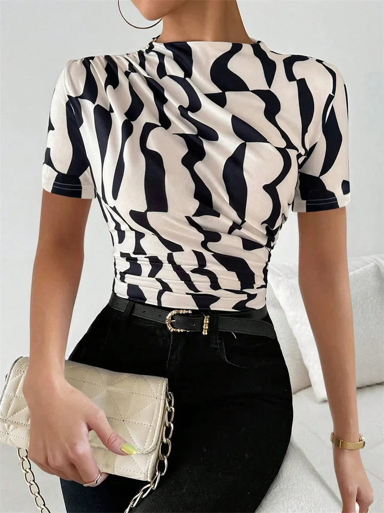 Women Short Sleeve Pleated T-shirt Summer Casual Slim Fit Mock Neck Ruched Tee Top Streetwear
