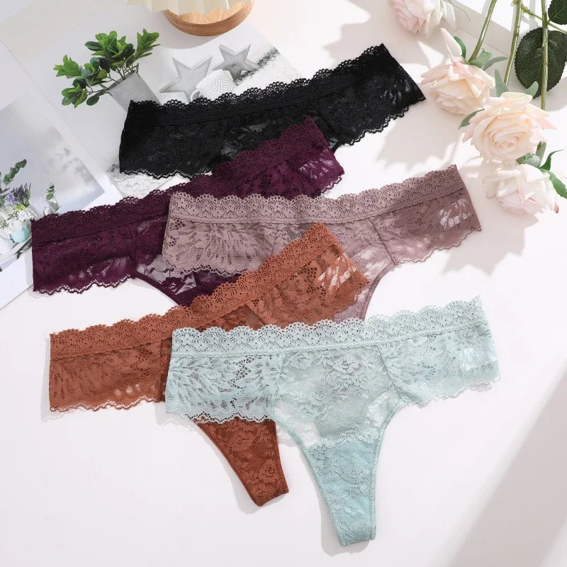 5Pcs Lace Sexy Thongs Women Low-Rise Briefs Sexy Soft Ladies Underwear Trendy Floral Underpants Female Flowery Panty Lingerie