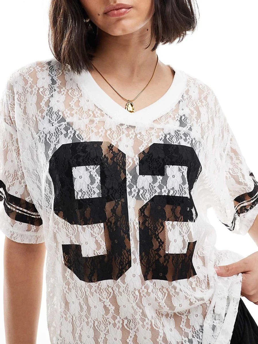 Women Summer Lace Football T-Shirt Casual Number Print See-Through V-Neck Short Sleeve Basic Tops for Streetwear
