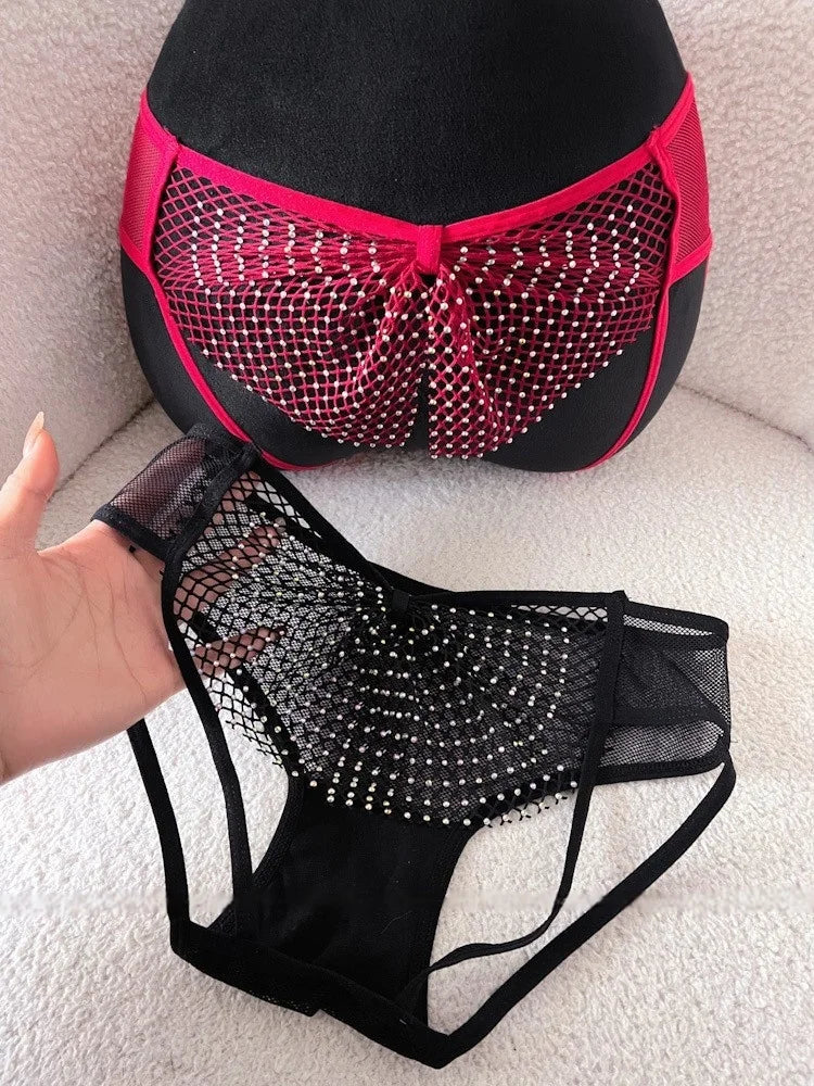 Diamonds Sexy Girls Briefs Thong Women Panties Mesh Rhinestones G String Hot Erotic Underwear Low Waist Female Intimates
