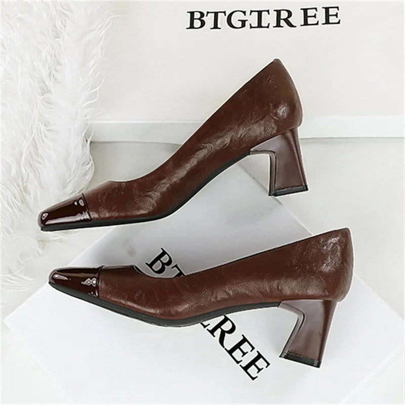 BIGTREE Fashion Patent Leather Women's Pumps Square Toe Stripper Elegant Party Vintage Spring Ladies Shoes Zapatos Mujer