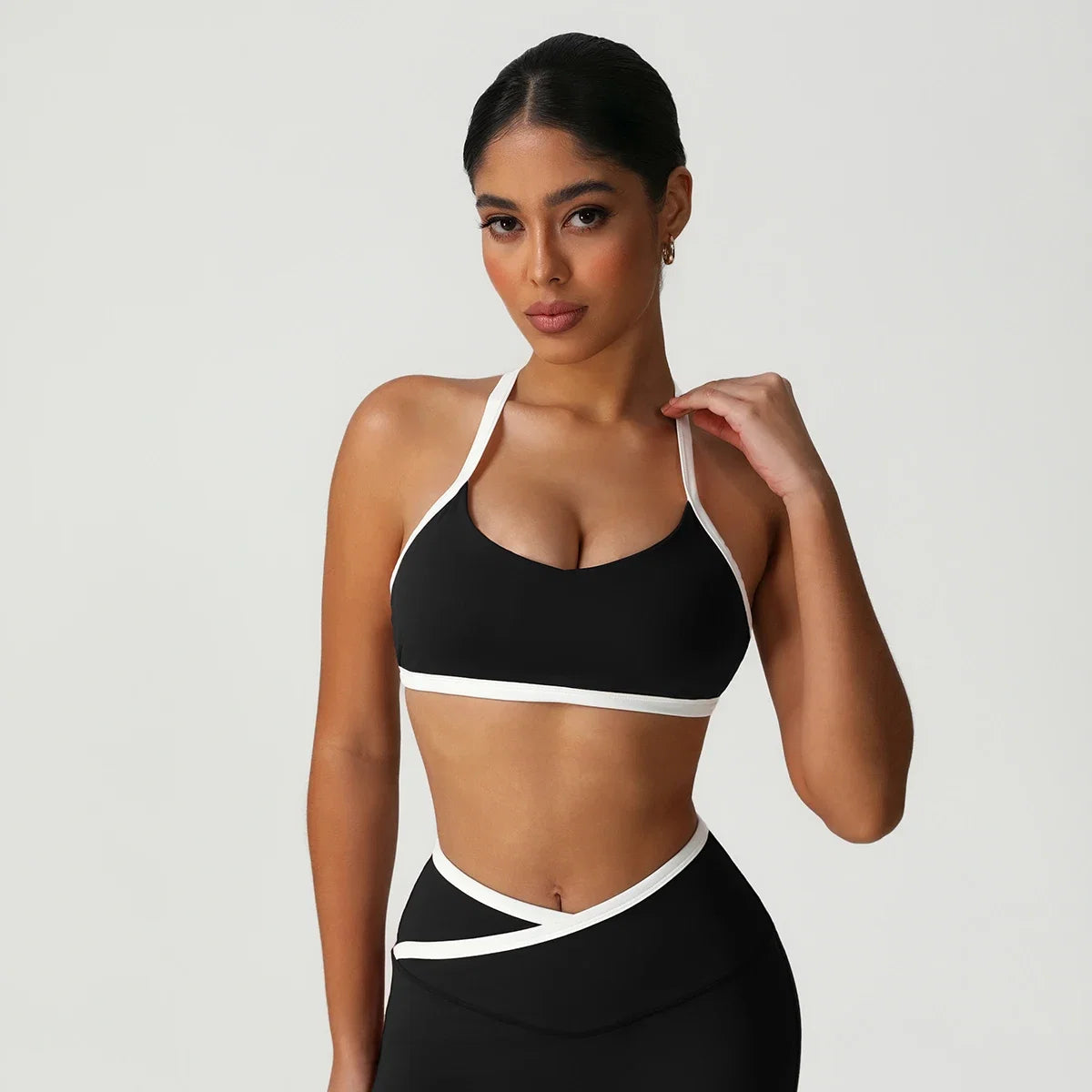 Women Training Yoga Elastic V-Back Fitness Top Contrast Color Cycling Casual Run Sport Bra