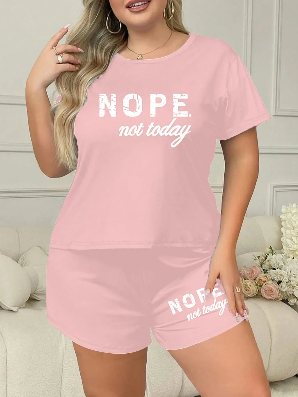 Letters Print Pajama Set Short Sleeve Tee And Elastic Shorts Plus Size Fit Women's Casual Attire Sports Wear Loungewear Homewear