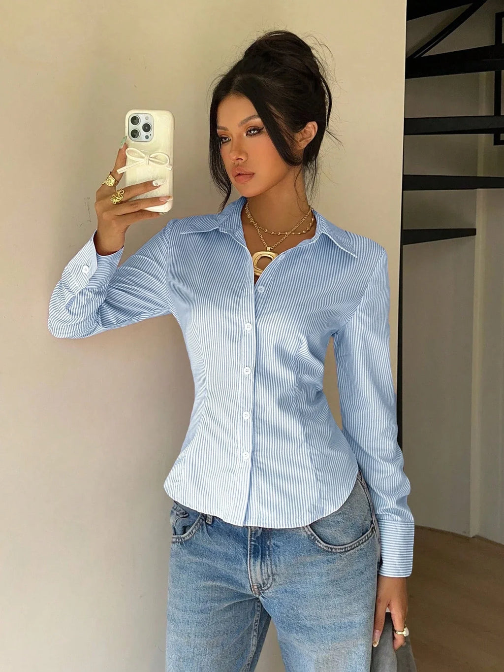 Women's Elegant Back Tie Design Long Sleeve Shirt Office Lady Slim Fit Stripe Turn-down Collar Blouse Spring Fall