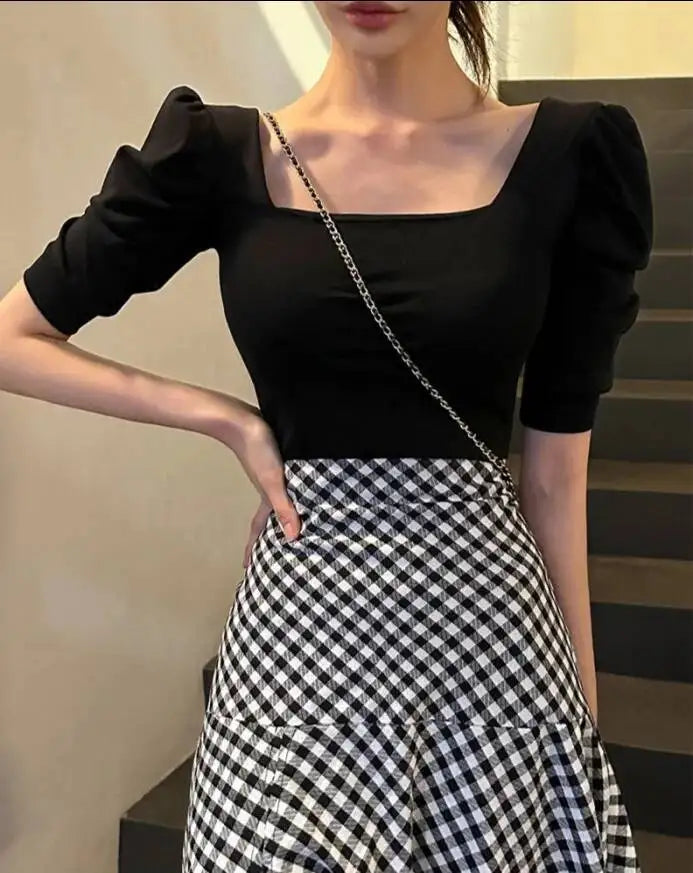 WOMENGAGA Korea Style 2023 Spring/Summer New High Waist Elegant Split Plaid Skirts Half Length Skirts Fashion Women 2023 22IV