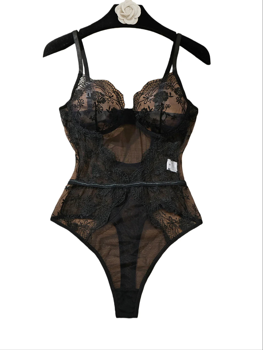 Black Lace Bodysuit with Floral Embroidery Sexy High-Waist Triangle Panties Strap Design Shapely Cutout to Highlight Women's Cur