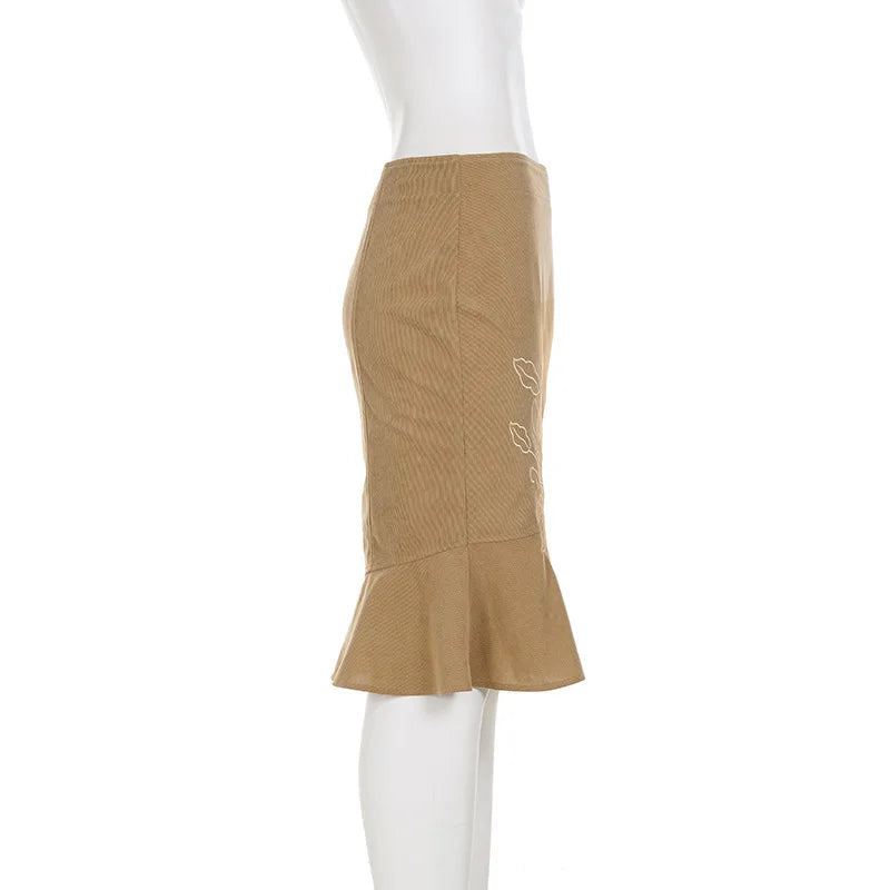 Trendix Women's Vintage Midi Skirt 2026 Summer High Waist Slim Ruffle Fishtail Skirts Party Side Slit Elegant Embroidery Skirt