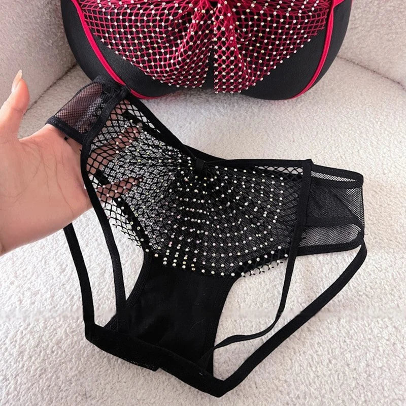 Diamonds Sexy Girls Briefs Thong Women Panties Mesh Rhinestones G String Hot Erotic Underwear Low Waist Female Intimates