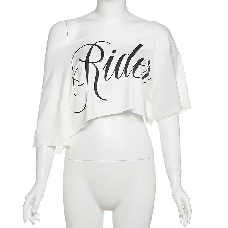 Letter Print Oversized Tees Women Skew Collar Off Shoulders Short Sleeves T-shirt Irregular Hem Hip-hop Style Trend Crop Tops