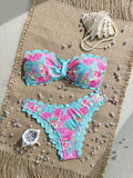 Sexy Ruffles Bandeau Bikini 2026 Women Sky Blue Floral Print Front Bow Push Up High Waist Swimsuit Beach Bathing Suit Swimwear