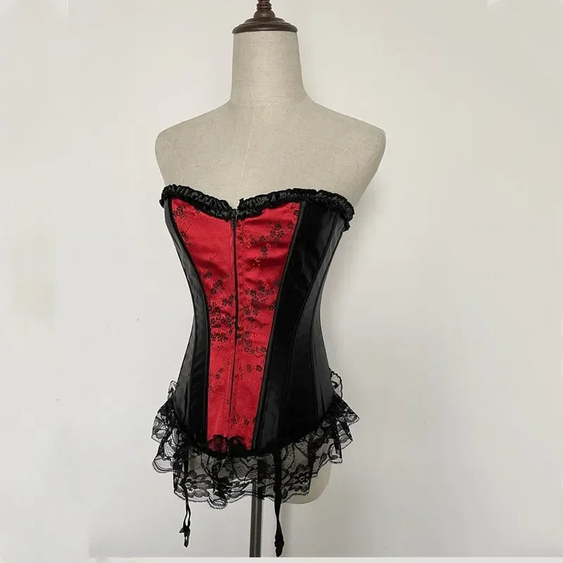 Sexy Lingerie with Garters Sets Women's Lace Hem Overbust Corset Lace Up Zipper Waist Body Shaper Boned Corset Bustier Plus Size