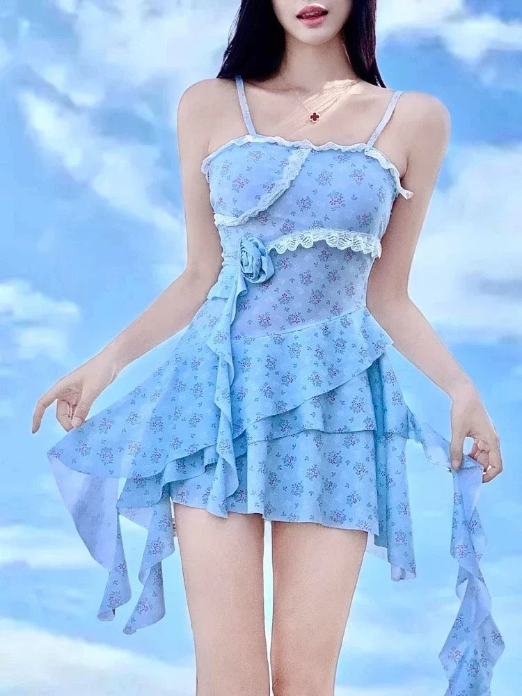 Sexy Blue Floral Print Dress One Piece Swimsuit Women Halter Lace Trim Push Up Ruffles Beach Bathing Suit Vacation Swimwear 2025