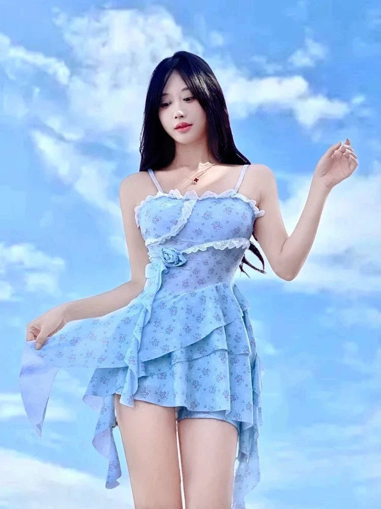 Sexy Blue Floral Print Dress One Piece Swimsuit Women Halter Lace Trim Push Up Ruffles Beach Bathing Suit Vacation Swimwear 2025