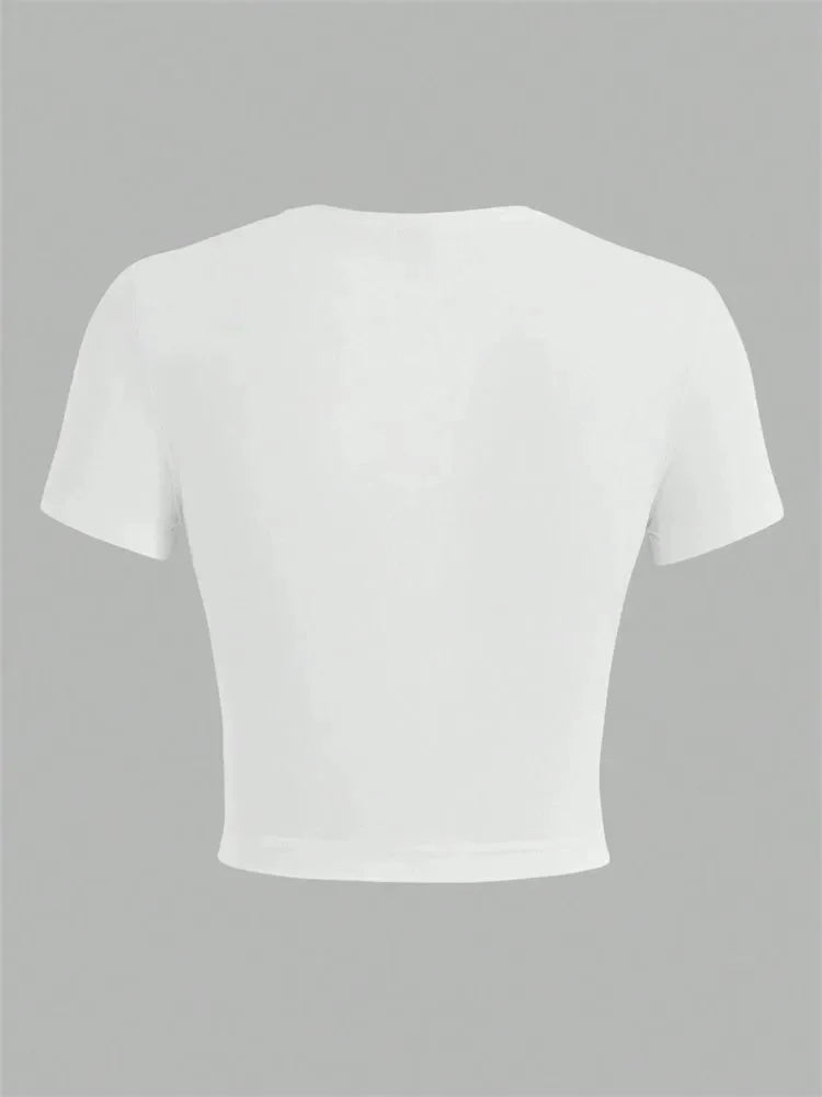 Solid Color Basic Cropped Tshirts for Women Casual Round Neck Short Sleeve Crop Top Summer Slim Fit Tee Shirt Streetwear