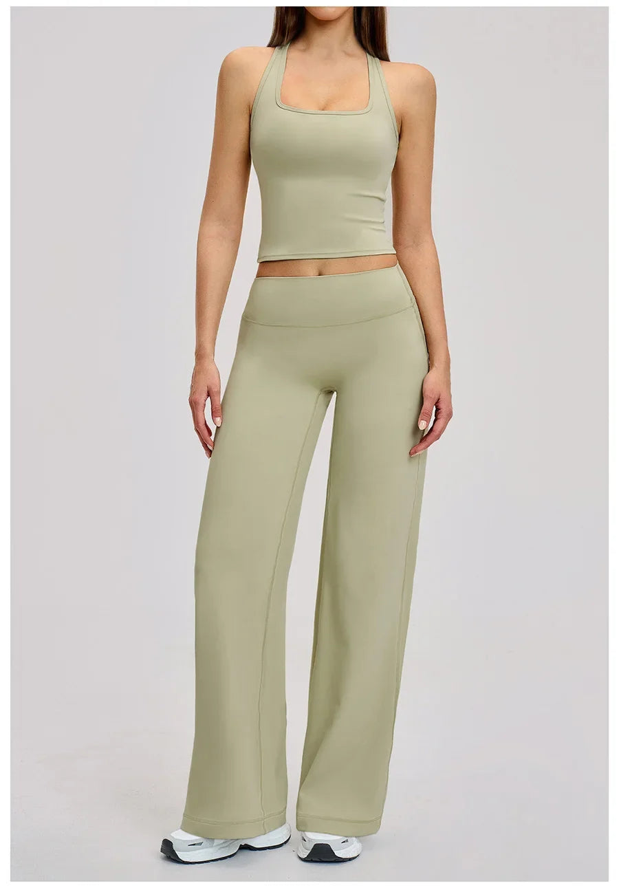 2 Piece Yoga Clothes Women Tracksuit Athletic Wear Pilates Fitness Suit Gym Workout Sets Push Up Sports Vest Wide Leg Pant Suit
