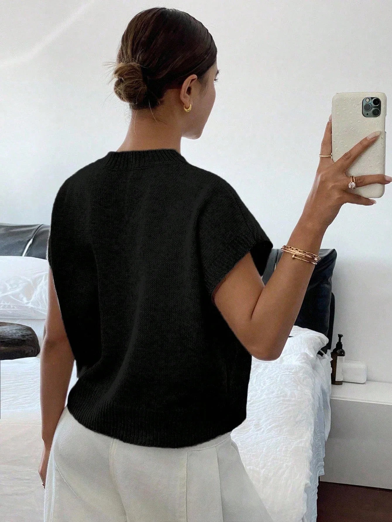 Women's Elegant Short Sleeve Knit Sweater Casual O-Neck Straight Dropped Shoulders Comfort Sweater Vest Spring/Fall