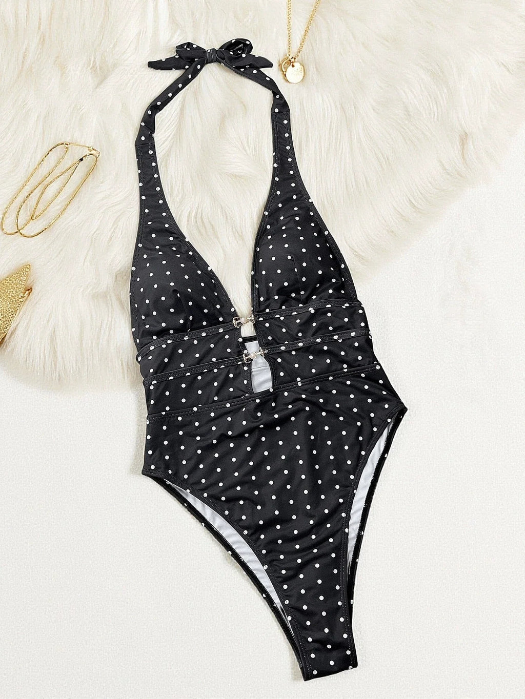 Vintage Black Polka Dot Print One Piece Swimsuit 2026 Women Sexy Hollow Out Pearls V Neck Backless Bathing Suit Holiday Swimwear