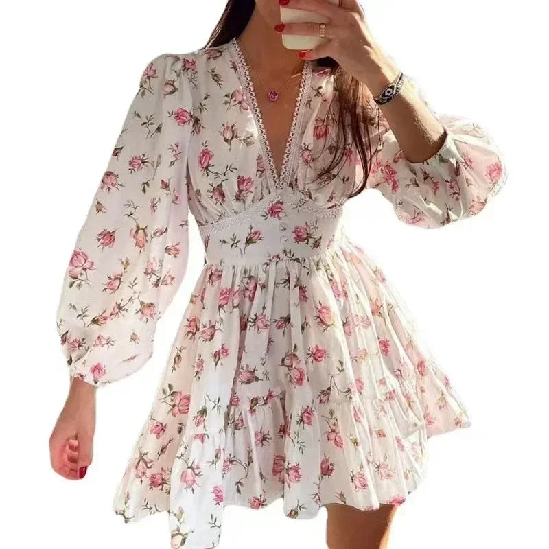 Spring Women's New Temperament Sweet Fashion Print Sexy V-neck Lace Lantern Sleeves High Waist Short A-line Dress