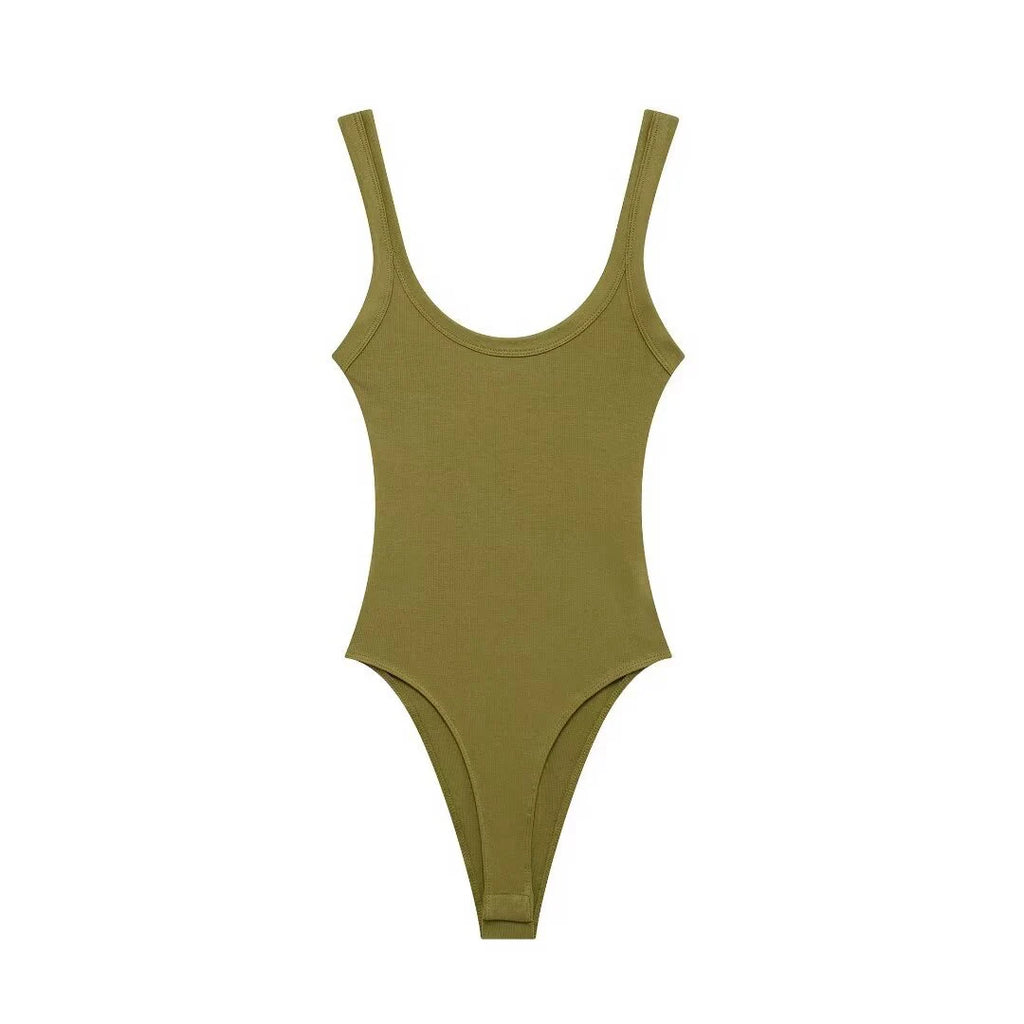 Women's Skinny Ribbed O-Neck Bodysuits with Straps Snap-Button Sexy Fashion Playsuits Comfortable Stretchy Female Clothing