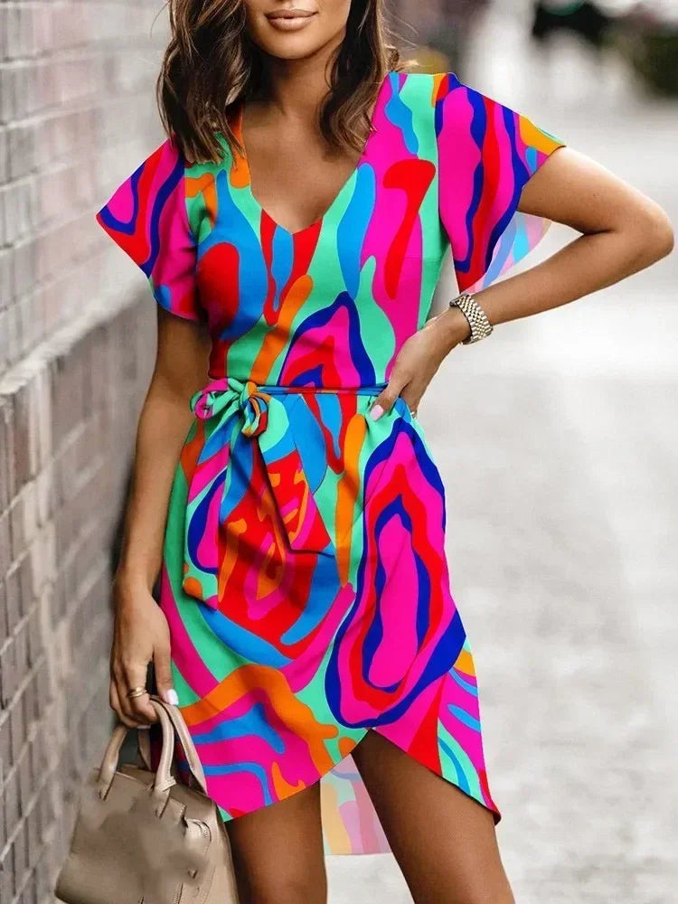 Summer V Neck Print Dresses For Women Elegant Office Ladies Dress Fashion Short Sleeve Casual Boho Beach Party Dress Robe Femme