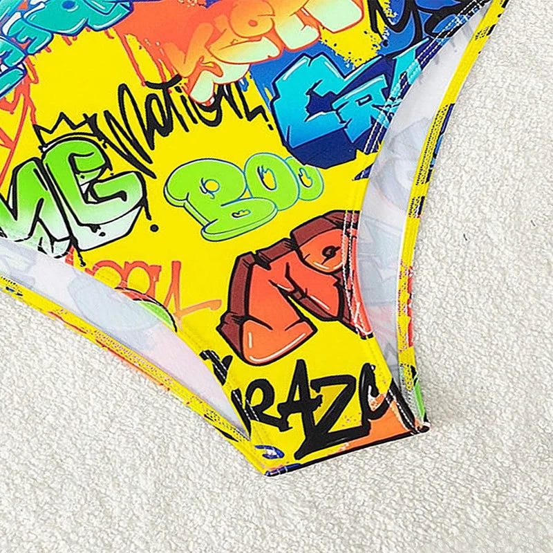 Vintage Yellow Abstract Print One Piece Swimsuit 2024 Women Hollow Out Holiday Bathing Suit Tummy Control Swimwear Beachwear