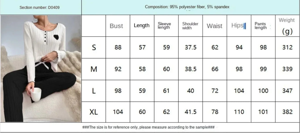 Women Autumn Winter Sleepwear Casual Long Sleeve Heart Printd Tops and Long Trousers Pajamas Set Homewear Loungewear