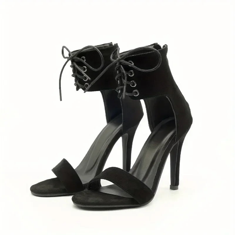 Black Gladiator Sandals For Women 2024 Summer Sexy Open Toe Belt Buckle Cover Heeled Thin High Heels Shoes Club Party Pumps