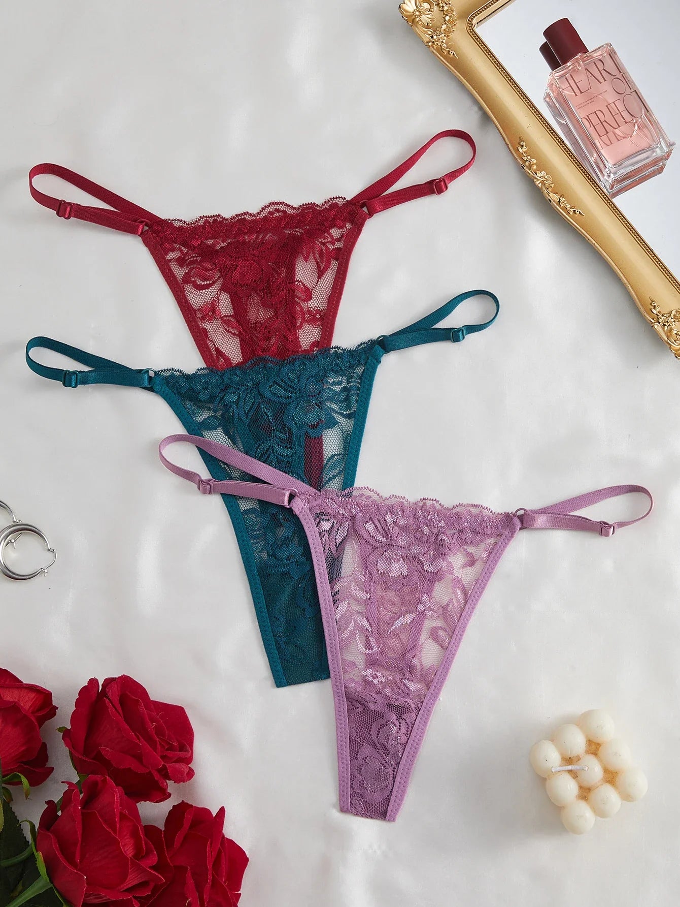 3-Pack Sexy Lace Women's Panties Adjustable Waistband Semi-Transparent Sexy Floral Lace Women's Sexy Lingerie Underwear