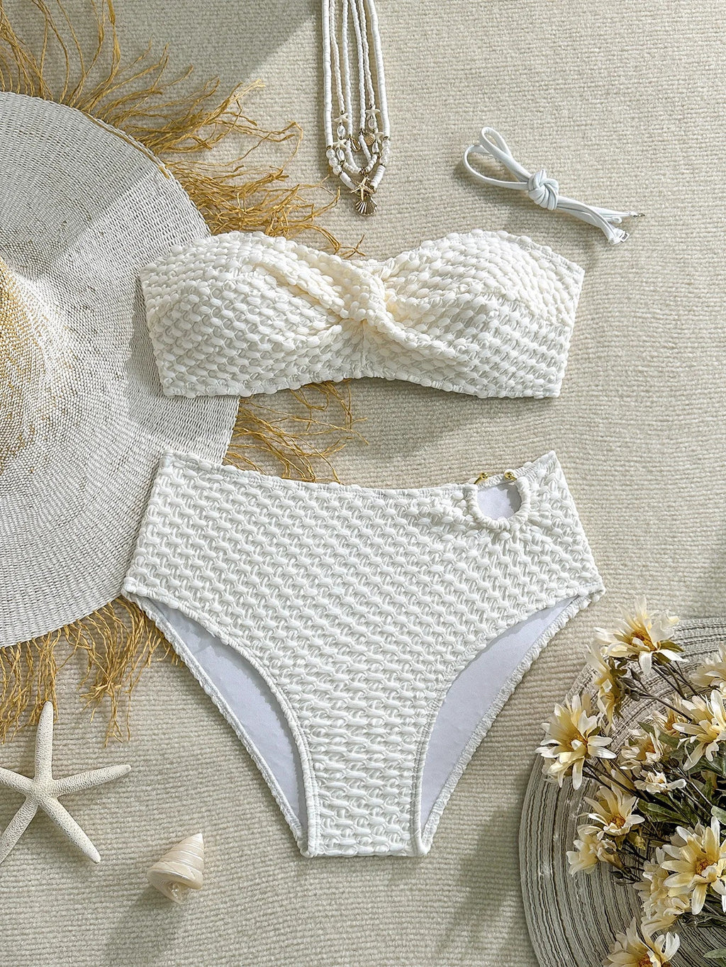 2026 2Pcs Sexy Bikinis Set Women High Waist Strapless Push Up Bra Solid Color Knot Padded Bras Briefs Bikini Swimwear Swimsuit