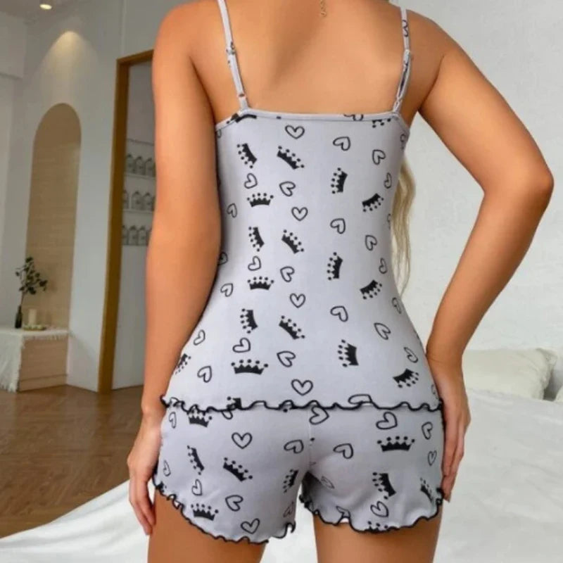 Sexy Summer Two Pieces Women Pajamas Set Deep V-Neck Tops And Shorts Pajama Suit Ladies Sleeveless Nightwear For Female