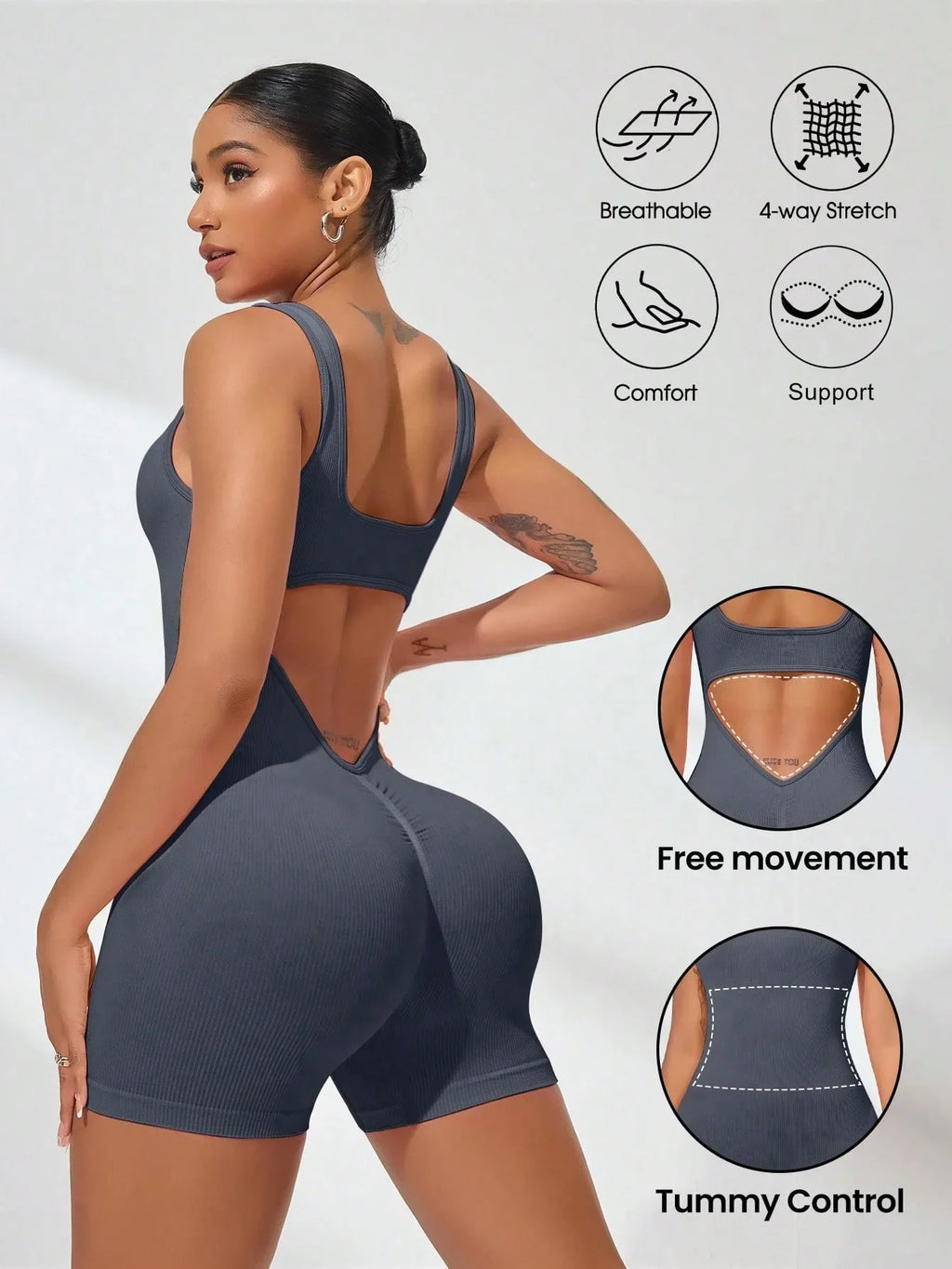 Women's Solid Colour Threaded Backless Yoga Suit U Neck Sleeveless Sports Jumpsuit Stretch Women Bodysuit Without Bust Pads