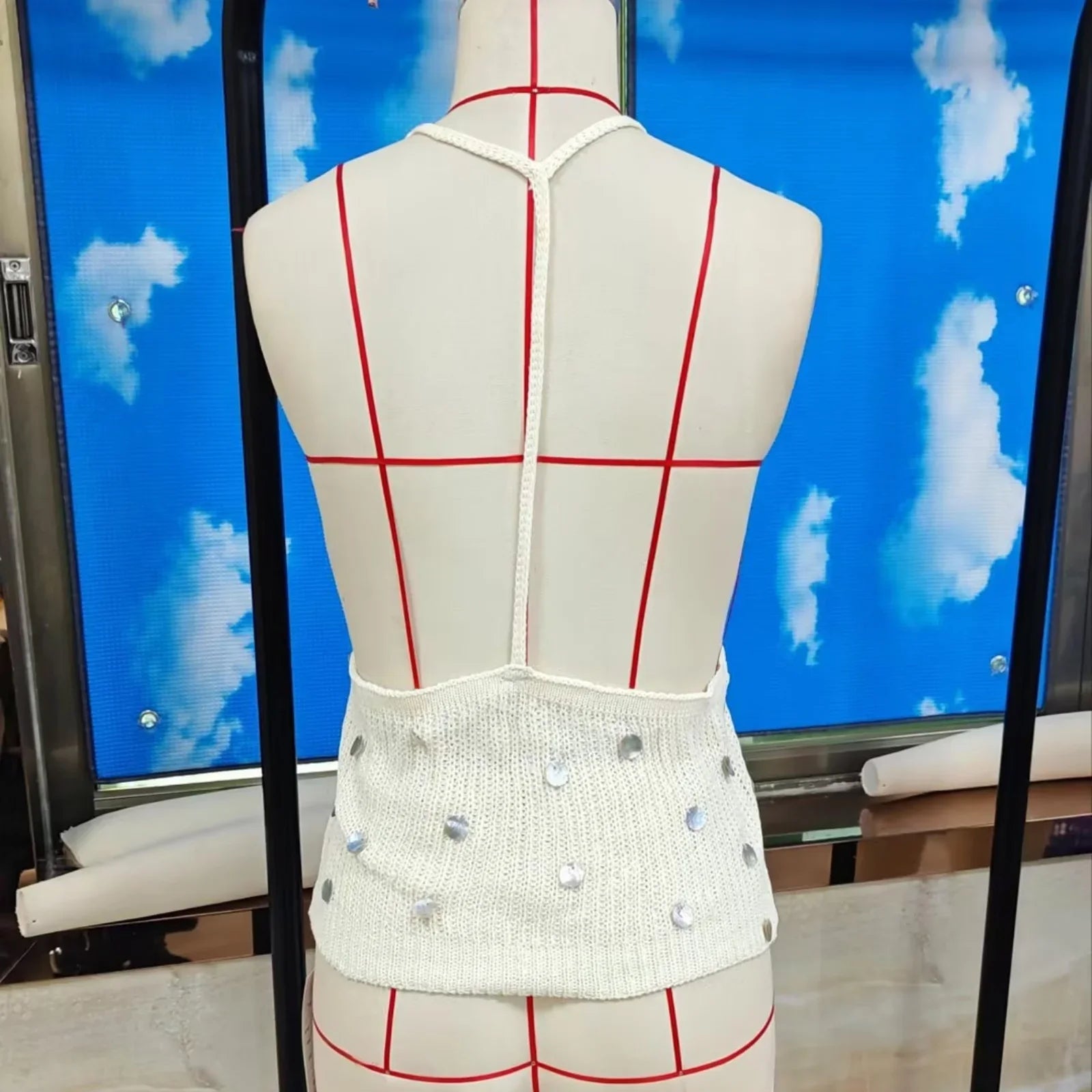 Women Summer Sleeveless Open Back Knit Sequins Tank Tops Solid Color Holiday Beach Halter Neck Vest