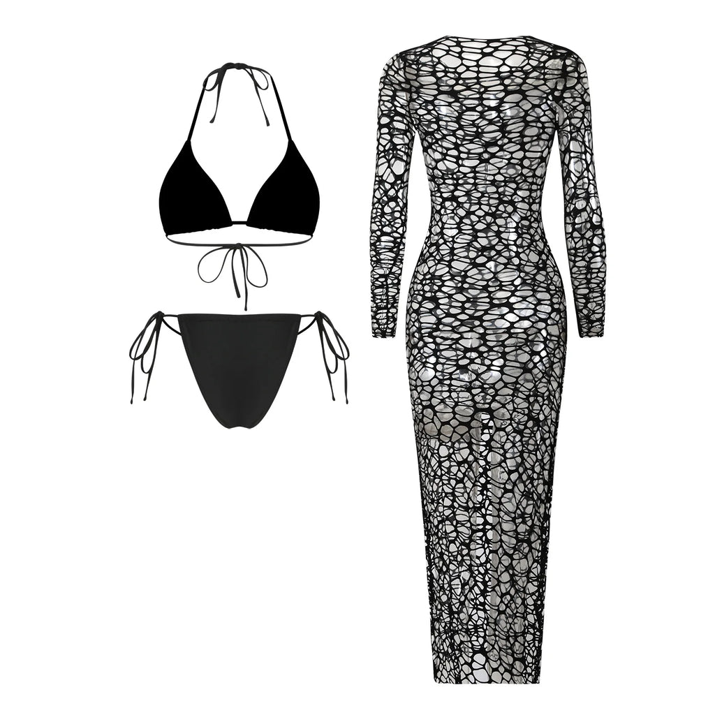 Sexy Hole Out Mesh Long Sleeve Dress 3 Piece Bikini Set 2026 Women Black Push Up Bra Thong Swimsuit Beach Bathing Suit Swimwear